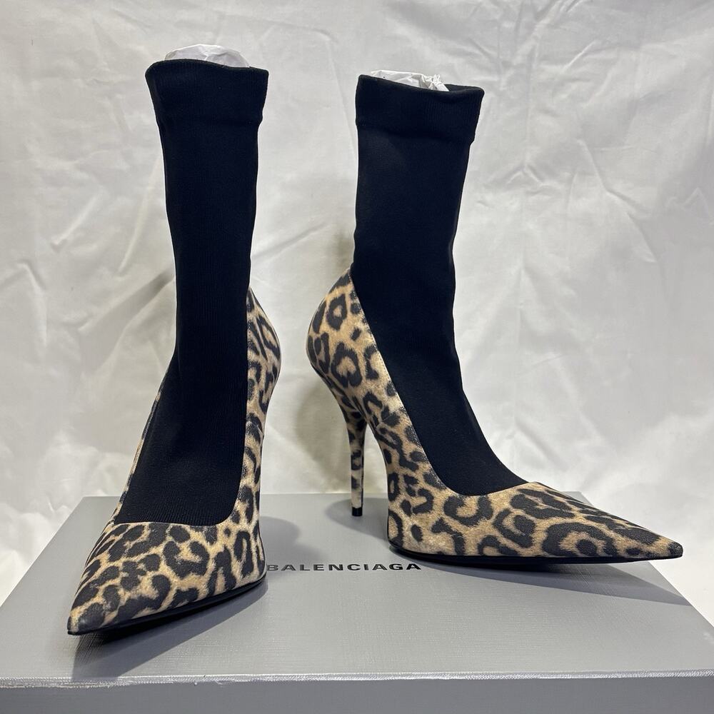 BALENCIAGA Avenue Knife Leopard Suede Knit Sock Pointed Pumps Sz 39 9